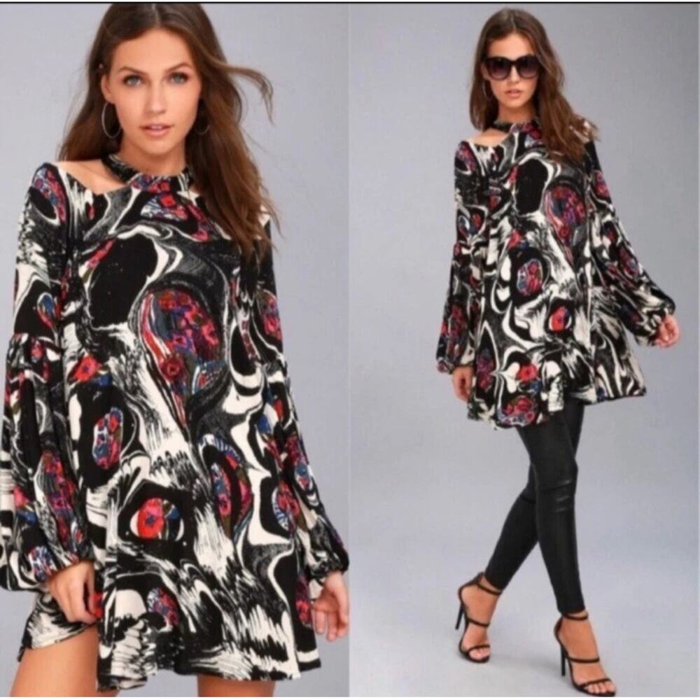 Free People Womens Drift Away Black‎ Print Cold Shoulder Tunic Dress Top Medium